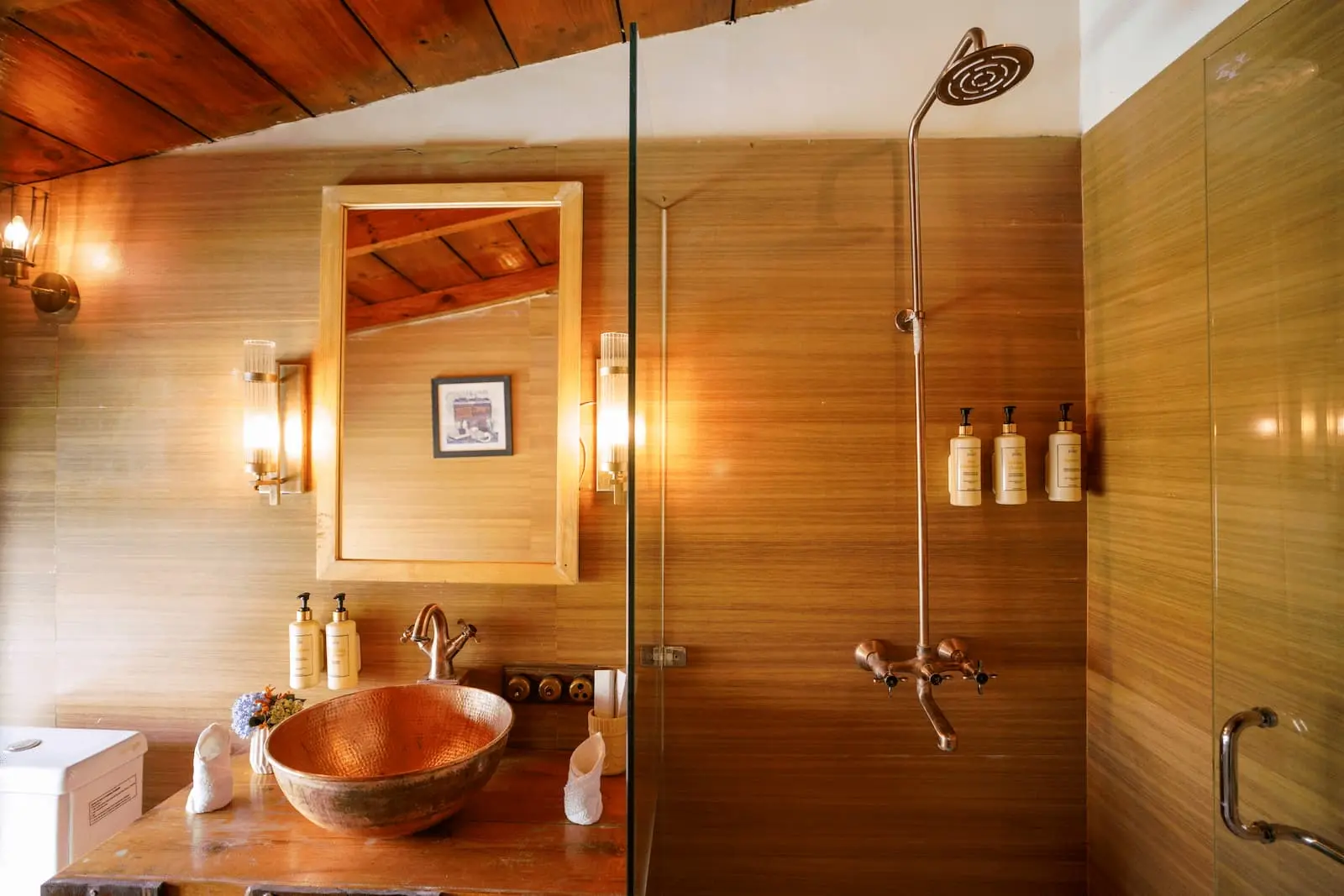 Copper basin and rain shower in the Signature Suite bathroom, Two Chimneys Gethia